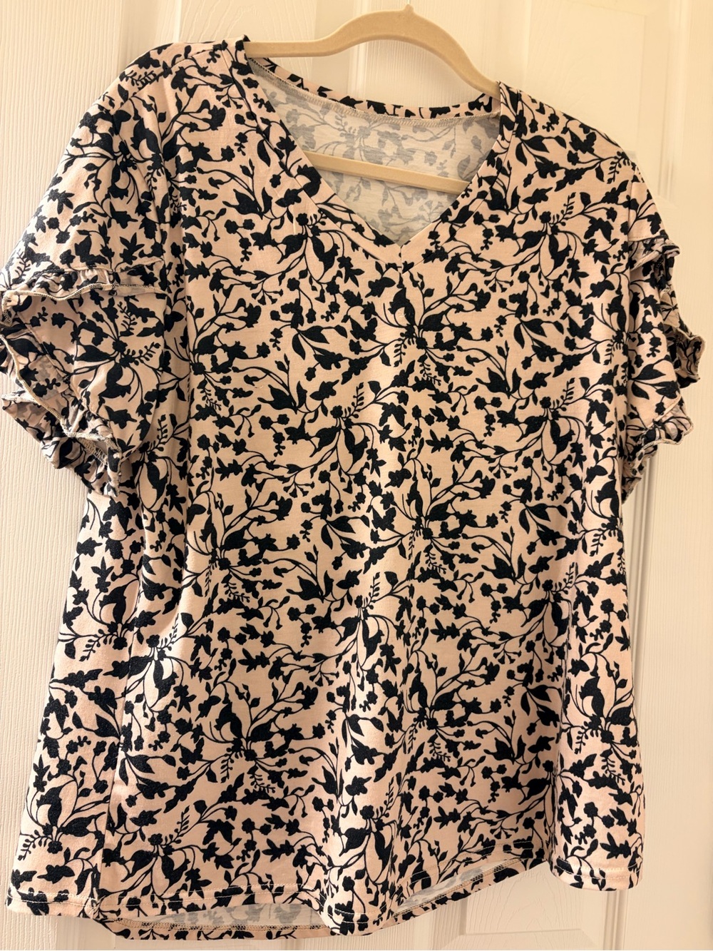 KTILG Light Cream and Black Floral Top with Flutter Sleeves